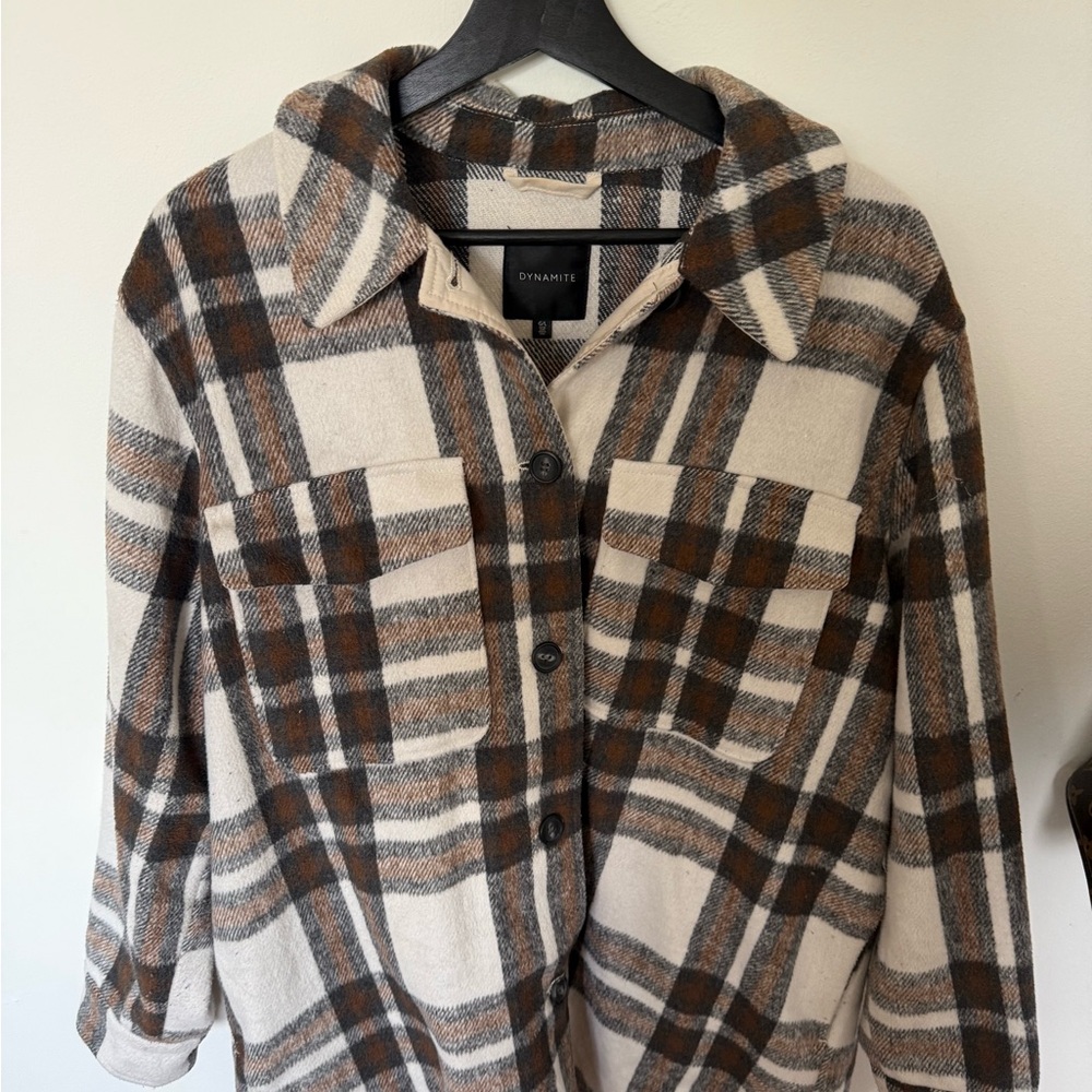 Dynamite Women's Checkered Utility Jacket - Brown and Cream